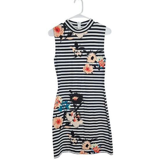 French Connection Black White Striped Floral High Neck Mini Dress Size 4 Small - Picture 1 of 6